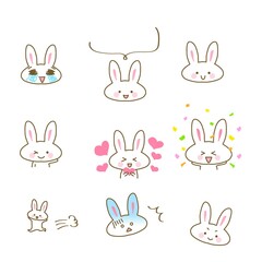 イラスト素材セット:かわいいウサギのキャラクターのカットイラスト7　白うさぎ/主線あり
