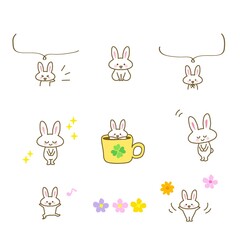 イラスト素材セット:かわいいウサギのキャラクターのカットイラスト8　白うさぎ/主線あり
