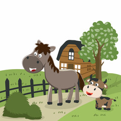 Happy horse and little cow cartoon in the farm with barn and green field. Nature and country concept. Vector childish background for fabric textile, nursery wallpaper, poster and other decoration.