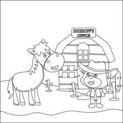 Vector illustration of Little cowboy and horse. Cartoon isolated vector illustration, Creative vector Childish design for kids activity colouring book or page.