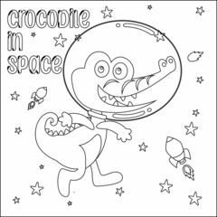 Vector illustration of cute crocodile Astronaut Floating In Space. Cartoon isolated vector illustration, Creative vector Childish design for kids activity colouring book or page.