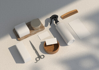 The best blank label barber shop branding template with tin jar bottle comb and scissor 