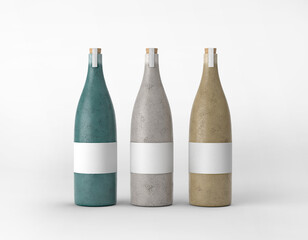 Three different color ceramic beverage bottles with plain empty white paper labels on isolated background