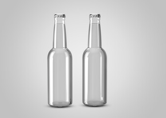 Two clear beverage glass bottles with metal lid on isolated background