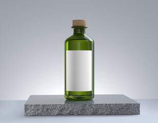 Green olive oil gin glass bottle with plain white empty branding label with cork lid