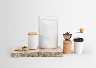 White plain blank coffee pouch packaging and jar with wooden lid and coffee cup
