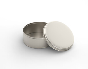 Round plain empty blank steel metal food cookie container jar box on isolated background
