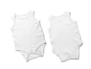 White plain blank front and back sleeveless baby onesie romper on isolated background