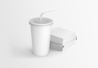 Plain white blank fast food soda cup and burger box branding packaging on isolated background