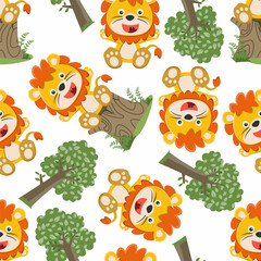 Seamless pattern of Happy little lion in a sitting position on a tree stump, funny animal cartoon. Creative vector childish background for fabric textile, nursery wallpaper, and other decoration.