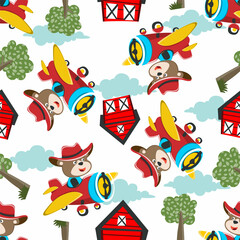 Seamless pattern of Cute little bear flying on a airplane. funny animal cartoon. Creative vector childish background for fabric textile, nursery wallpaper, poster, brochure. and other decoration.