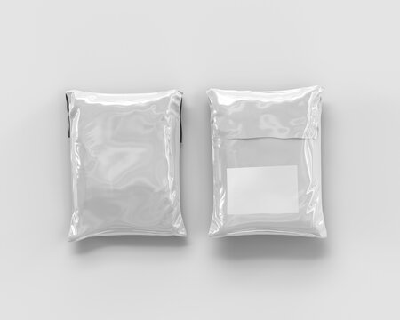 Front And Back White Plain Blank Glossy Shipping Mailer Plastic Bag On Isolated Background  