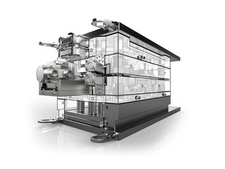 3D render of plastic moulding machine. Plastic injection moulding.Cups, boxes, toolboxes. The production process for Plastic injection mold. Used for the forming of plastic parts using polypropylene
