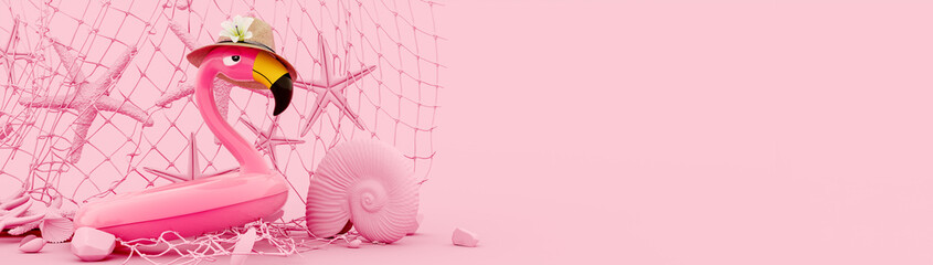 Pink flamingo with starfish and seashell on pink summer background 3D Rendering, 3D Illustration - obrazy, fototapety, plakaty