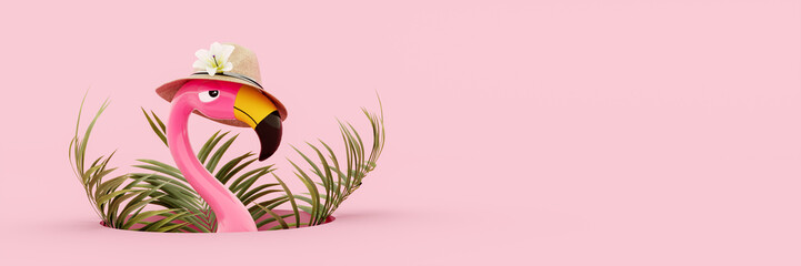 Fototapeta premium Pink flamingo with hat and palm leaf on pink summer background 3D Rendering, 3D Illustration