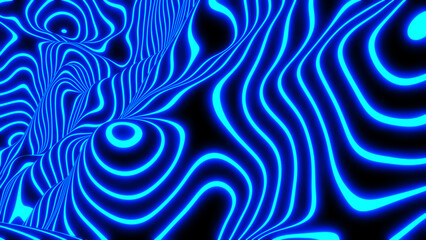 Abstract neon glowing background, 3D blue lines  on black - virtual reality concept, interesting striped modern technology and science design, 3D render illustration.
