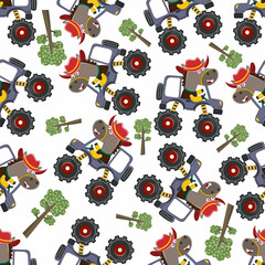 Seamless pattern vector of monster truck with animal driver. Creative vector childish background for fabric textile, nursery background, baby clothes, poster, wrapping paper and other decoration.