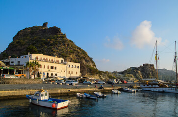 View of Vulcano Harbor, Sicily, Italy.