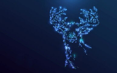 Starry deer, composed of blue neon lights and stars. Outline design in the form of space or universe. Contemporary technology style, holographic, modern.
