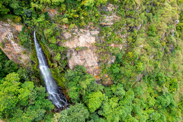 Ecuador Waterfall. Aerial view of mountain waterall in Vilcabamba, Ecuador. South America.
