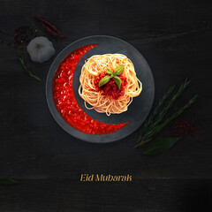 Eid Mubarak. Creative and conceptual photography of noodles and schezwan chutney; useful for...