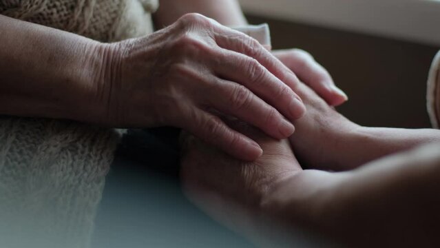 The hand of an old woman holds the hand of an adult daughter, close-up. Concept: support, wisdom, experience, parental love