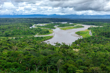 Ecuador Amazon Rainforest from above. Pastaza river, near viewpoint the indichuris. Puyo, Ecuador, South America.  - obrazy, fototapety, plakaty