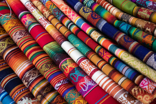Colorful Andean fabric textiles on the local souvenir market in Otavalo, Ecuador. South America.