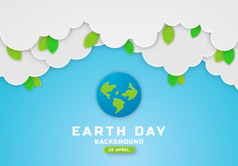 Earth Day Poster Banner with Paper Cut Clouds in Blue Sky Background with Green Leaves, Butterfly and Globe Vector. Place for Text