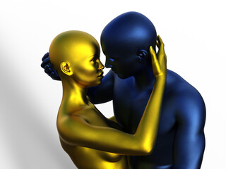 Obraz premium 3D render portrait of golden woman and blue man hugging. 