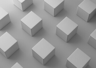 Isometric view of square blank paper packaging boxes on isolated background