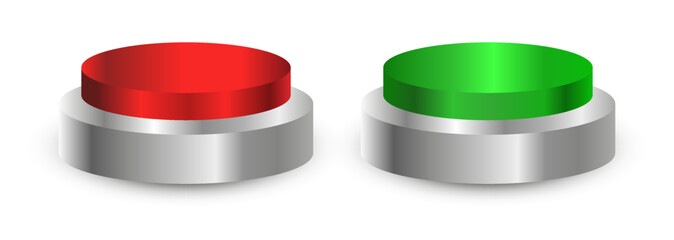 3D red and green circular push button icon with metal frame. On off illustration vector symbol. front perspective view.