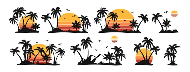 Fototapeten Silhouettes of palm trees and orange sun vector. set of palm trees and sunrise vector silhouette. tropical landscape mountains black vector illustration.eps   © bleskk