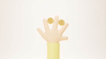 Money or business or salary concept with cartoon 3d rendered hand holding golden coin with dollar sign on a yellow background.
