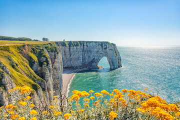 Etretat, cliffs and beach in Normandy, France - obrazy, fototapety, plakaty