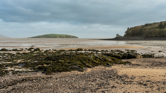 Low tide over Balcary Bay with Heston Island and Balcary Tower in the background