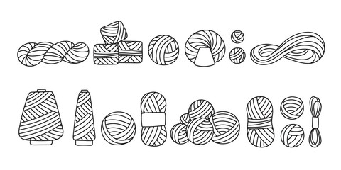 Large set of yarn for crocheting, knitting needles in doodle. Skein, ball, bobbin. Isolated vector illustration in sketch hand drawn style