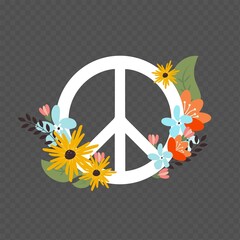 Peace vector icon with flowers and leaves on transparent background