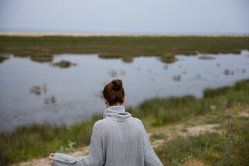 woman outdoors lake walk travel landscape