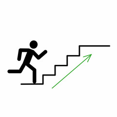 Stick man runs to success up the stairs, up arrow, human figure, business concept