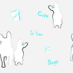 Dogs seamless pattern. Graphic design for printing, t-shirts and textiles, wallpaper and bedding. French bulldog, love and inscriptions.