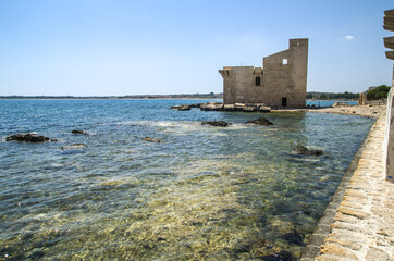 Ancient abandoned Tonnara (Tuna Factory) inside the Nature reserve of Vendicari, near Noto and Marzamemi, province of Syracuse, Sicily, Italy