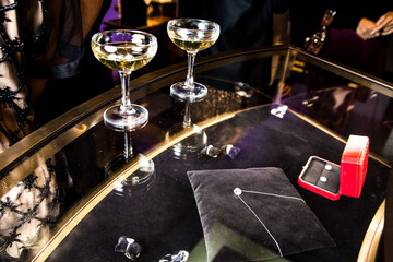 Jewelry on black velor. Jewelry presentation. 