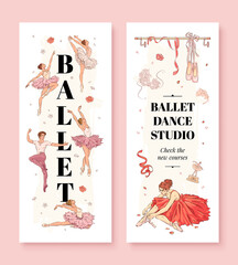 Ballet school vertical banners set. Vector illustration of ballerinas