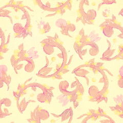 Seamless pattern. Raster illustration. Background with floral ornament. Image for design and printing on fabric or paper. Packing, wrapping, scrapbooking.