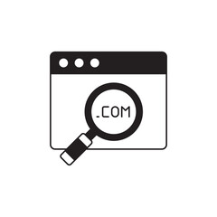 Search domain, domain on magnifier icon in black flat glyph, filled style isolated on white background