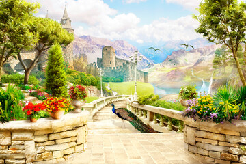 An ancient city, with a cascade of waterfalls, Waterfalls illustration, Wallpaper on the wall....