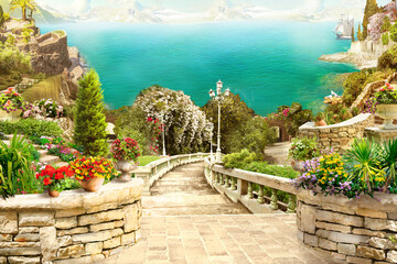 Beautiful view of the mountains and the sea. Flowers, arch. Digital collage of murals. Wallpaper.