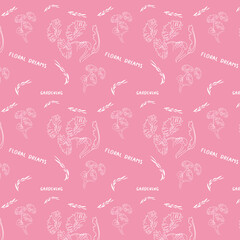 Fototapeta premium White flowers and leaves on pink background seamless minimalistic pattern with lettering floral dreams, gardening.Vector illustration, background, print, texture, textile, banners, cards, flyers