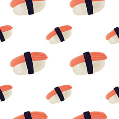 Salmon sushi watercolor seamless pattern. Seamless pattern salmon sushi set on white background. Watercolor seamless background pattern for menu, packaging design.